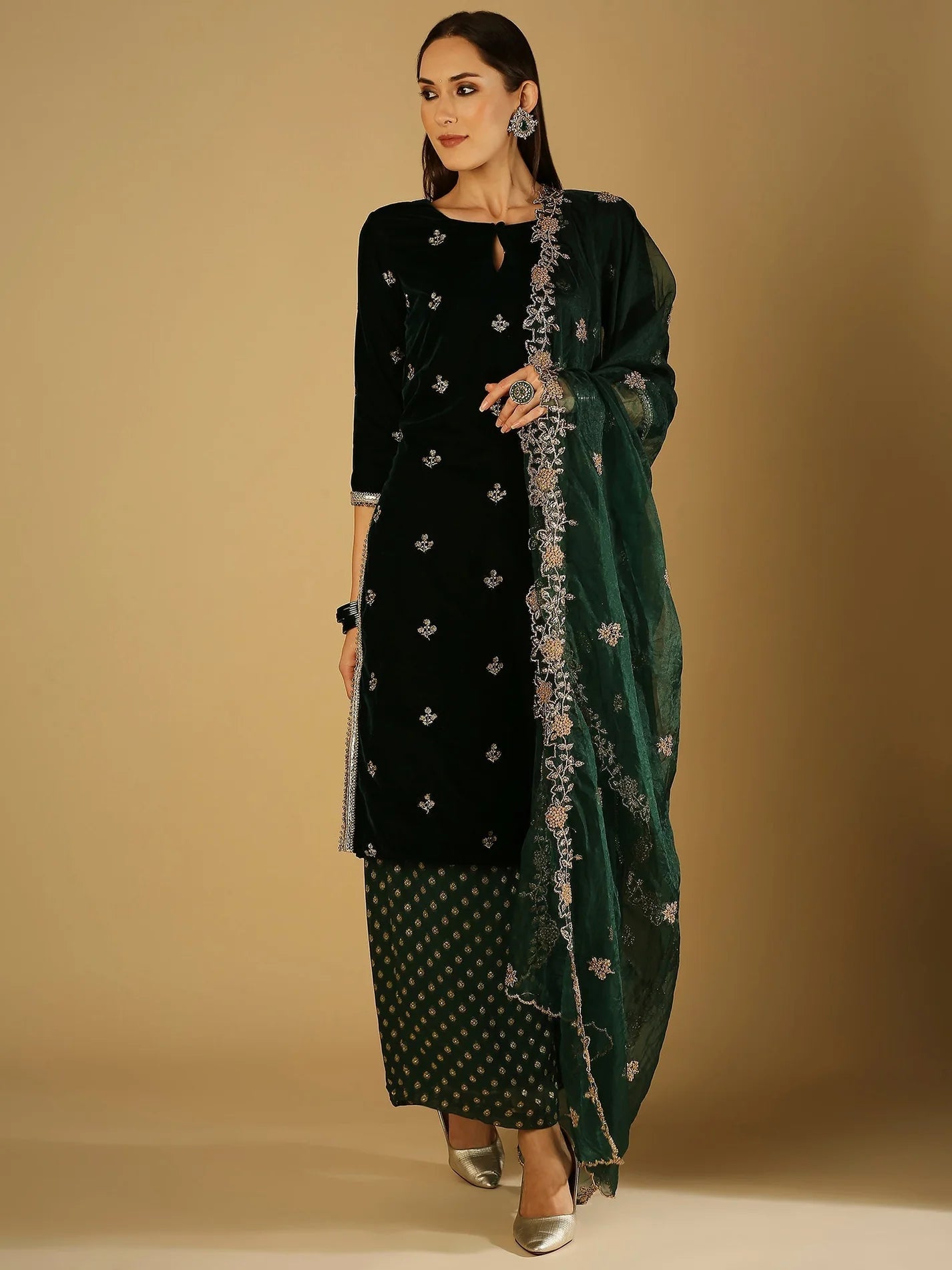 Green Velvet Palazzo Set with dupatta