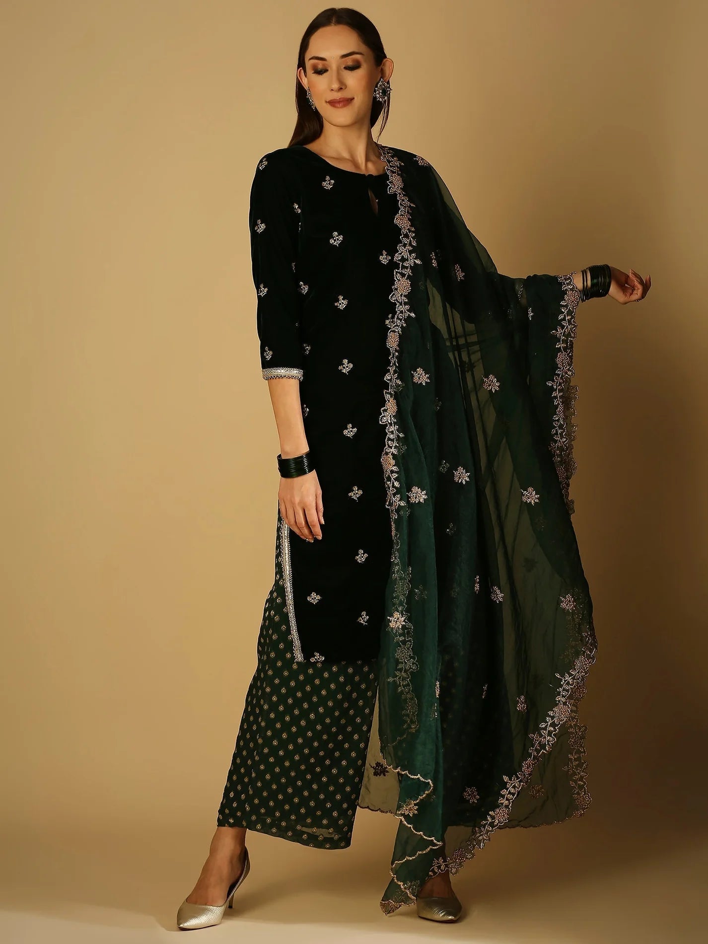 Green Velvet Palazzo Set with dupatta