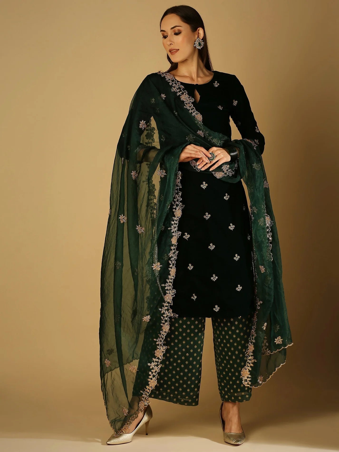Green Velvet Palazzo Set with dupatta