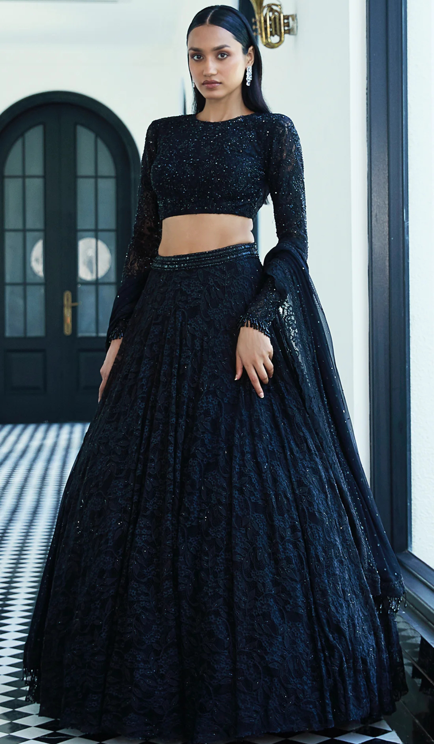 Black Chantilly Net Embroidered Lehenga Set