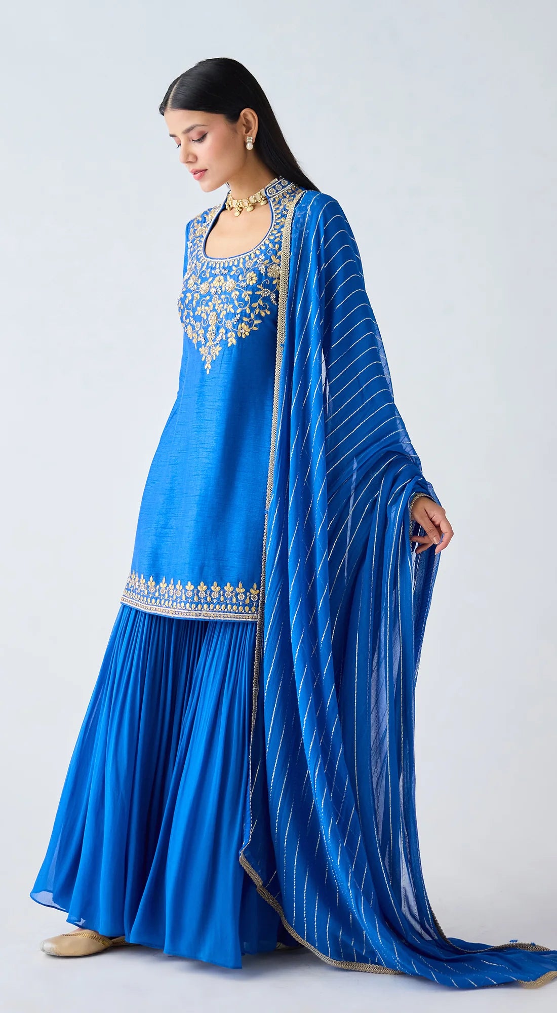 Blue Silk Embroidered Sharara Set