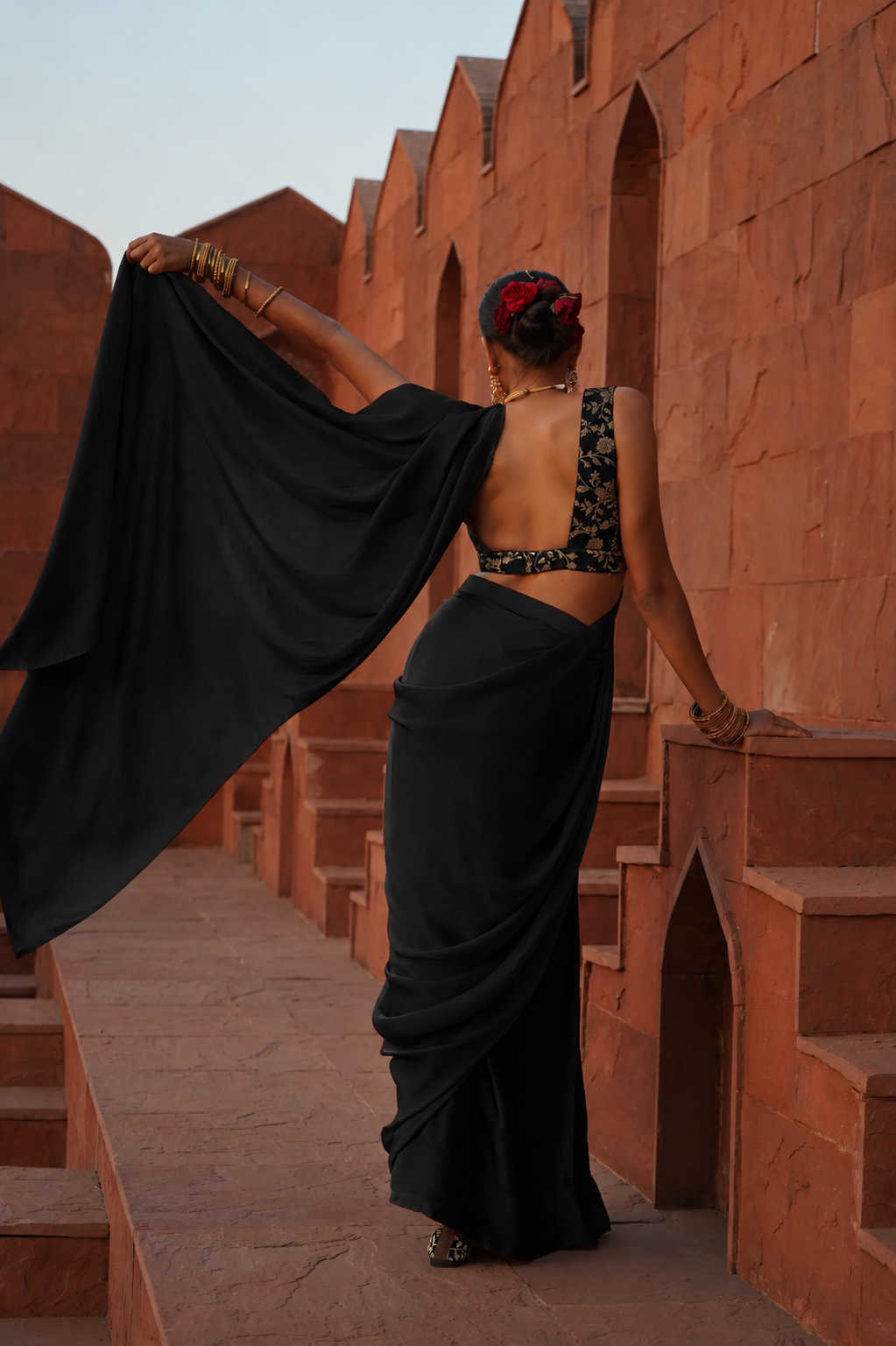 Black Pre-Draped Saree