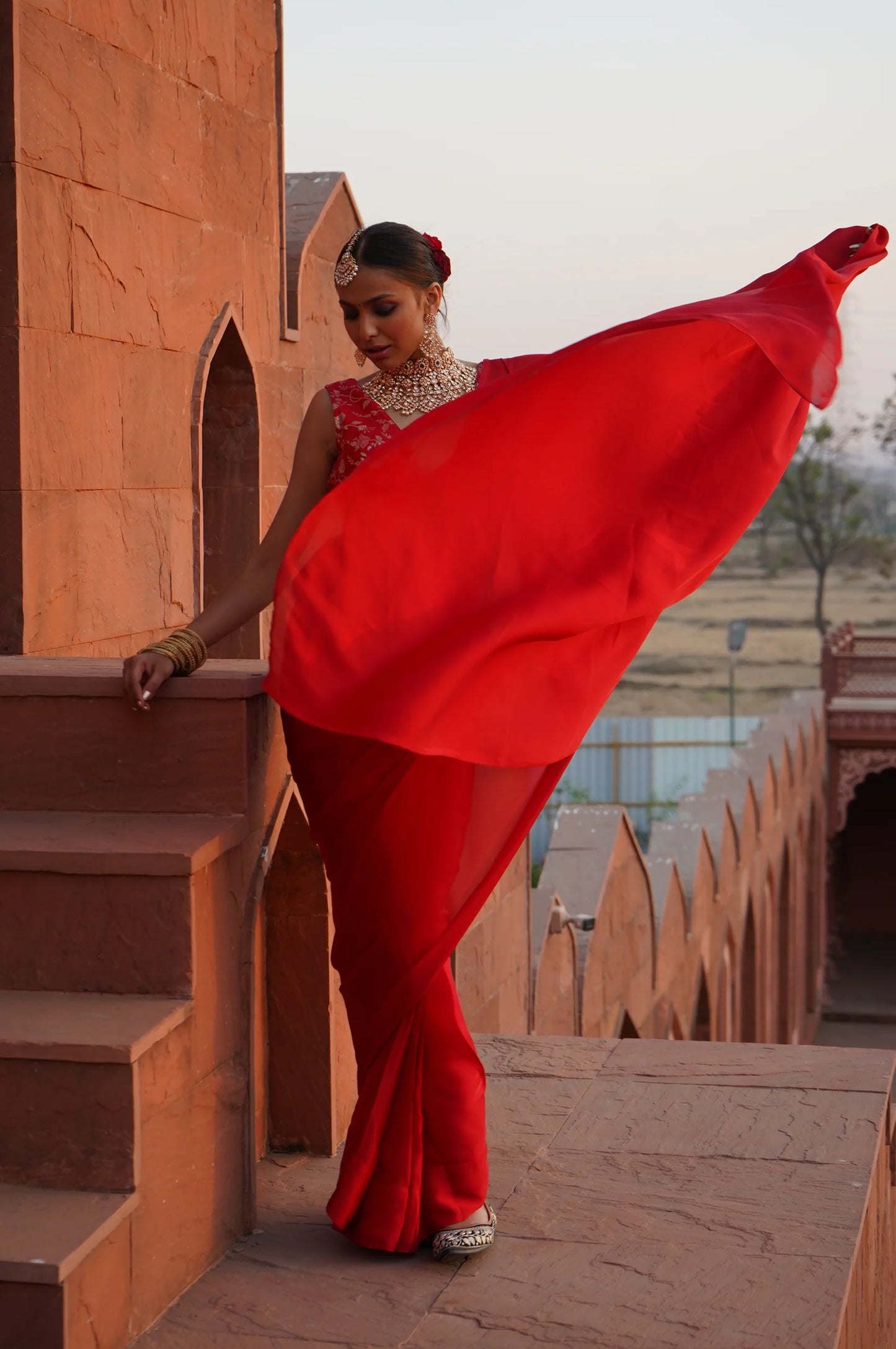 Red Pre Draped Saree set