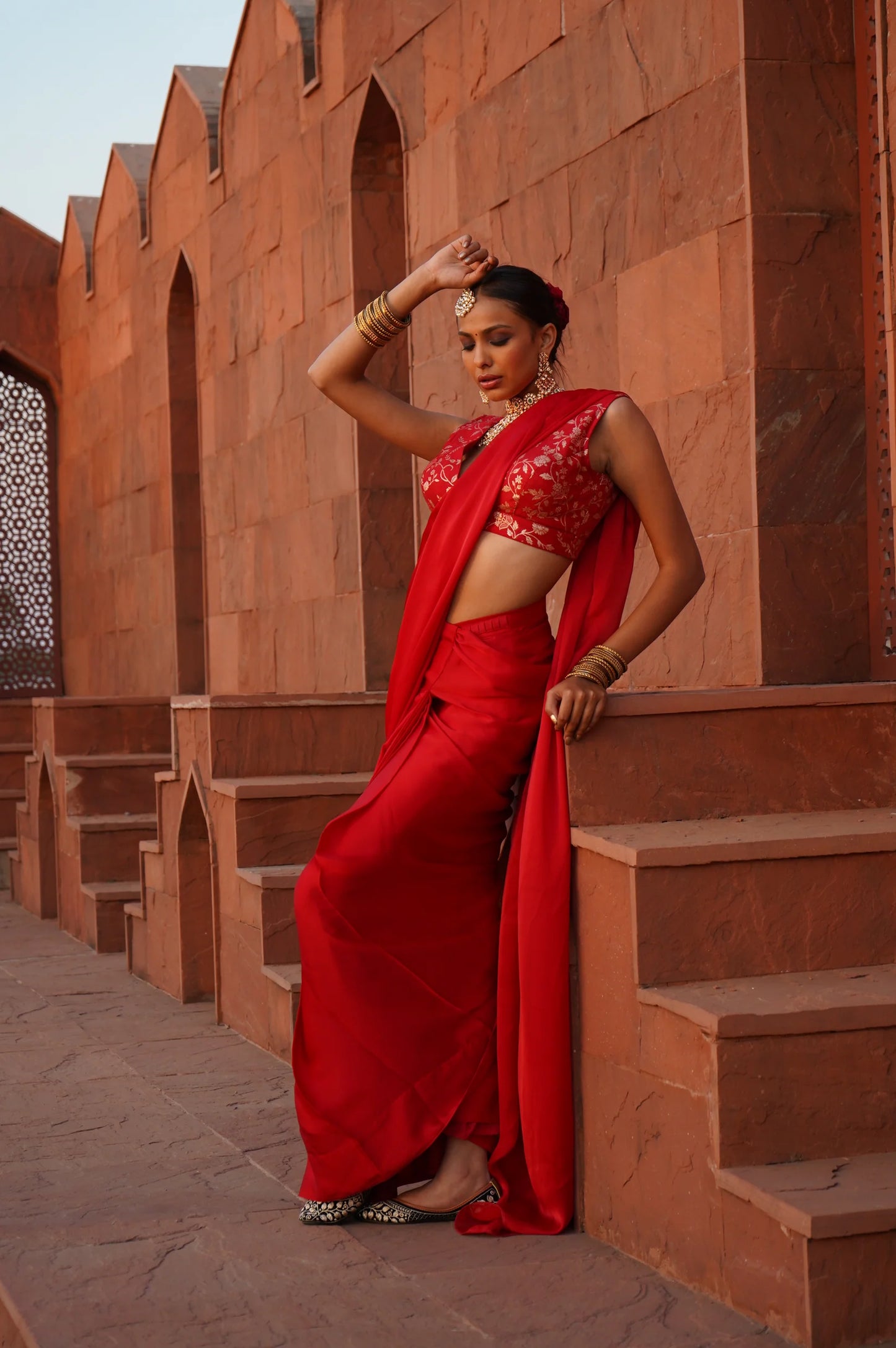 Red Pre Draped Saree set