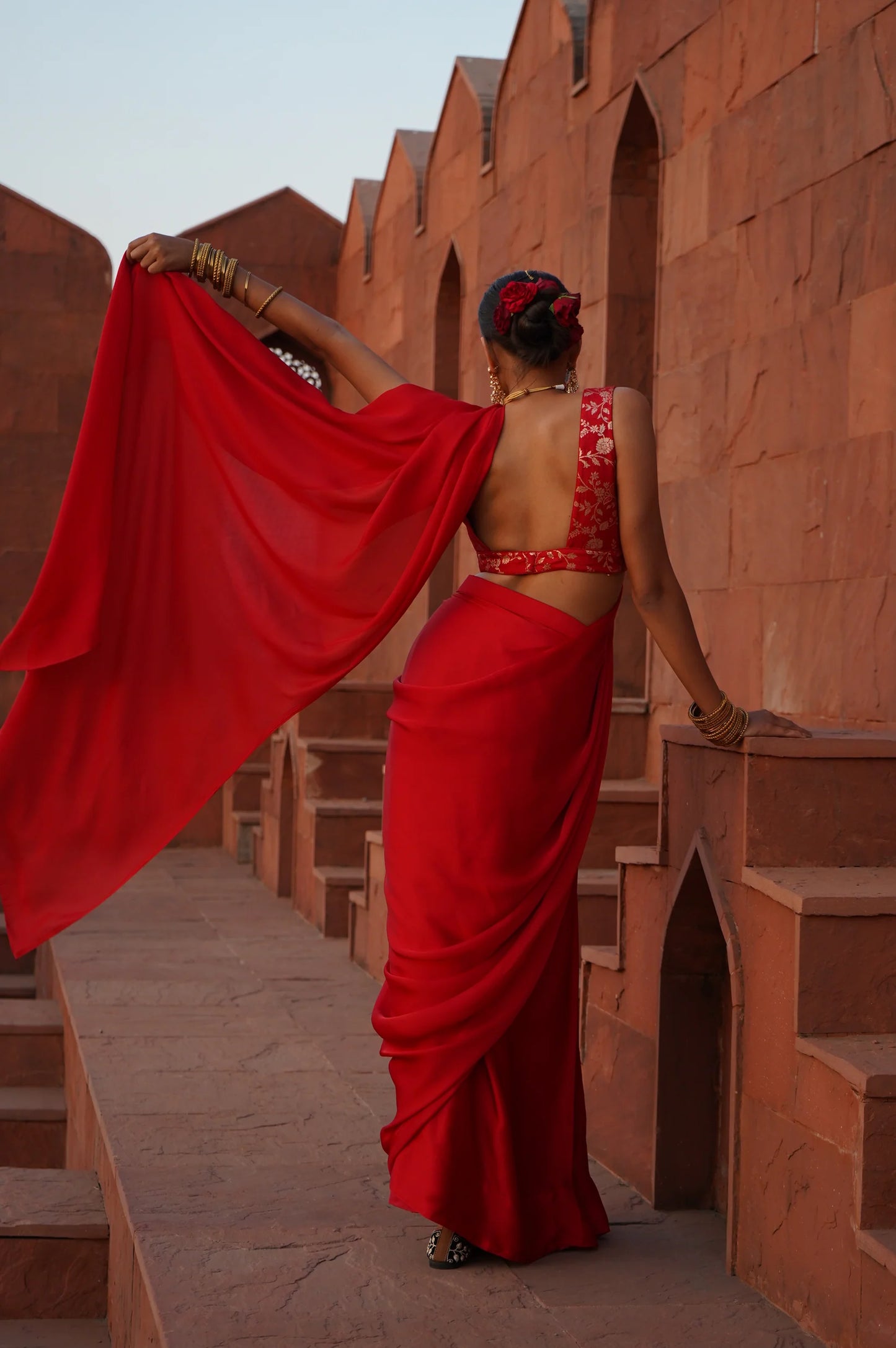 Red Pre Draped Saree set