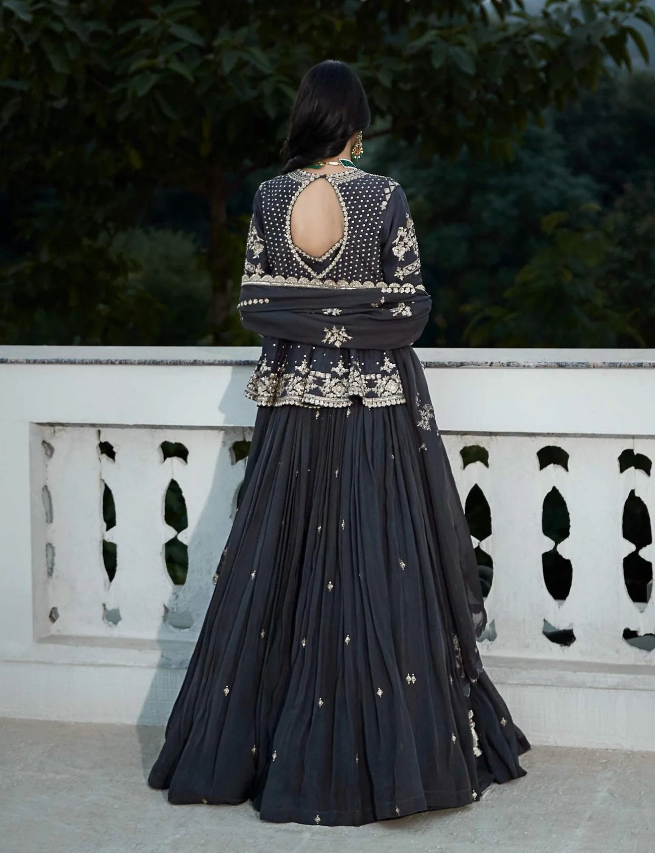 Grey Royal Peplum Short Jacket & Lehenga Set