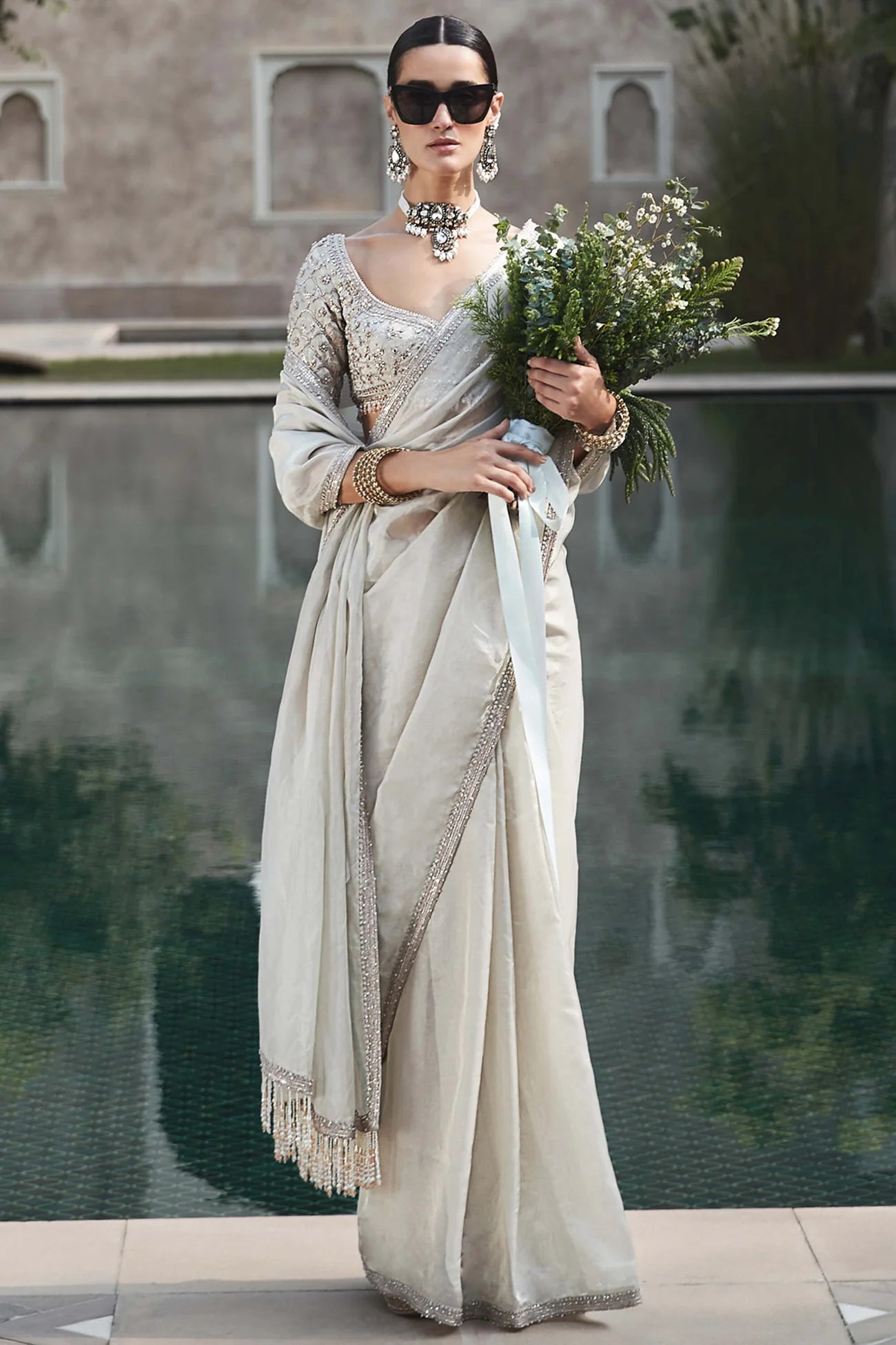 Ivory Silver Needle Sari Set