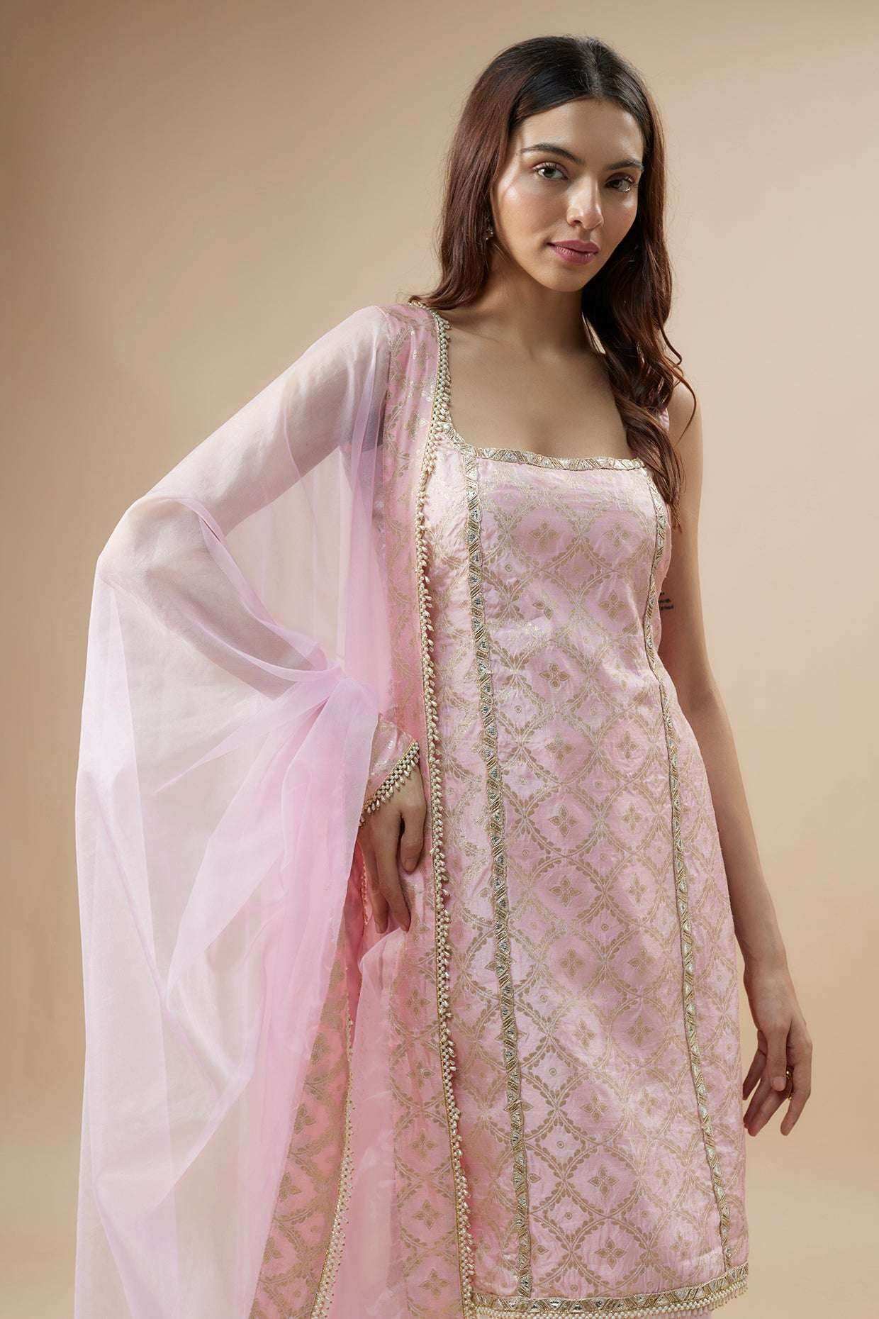 KALA Sleeveless Brocade Kurta Set-Blush Pink