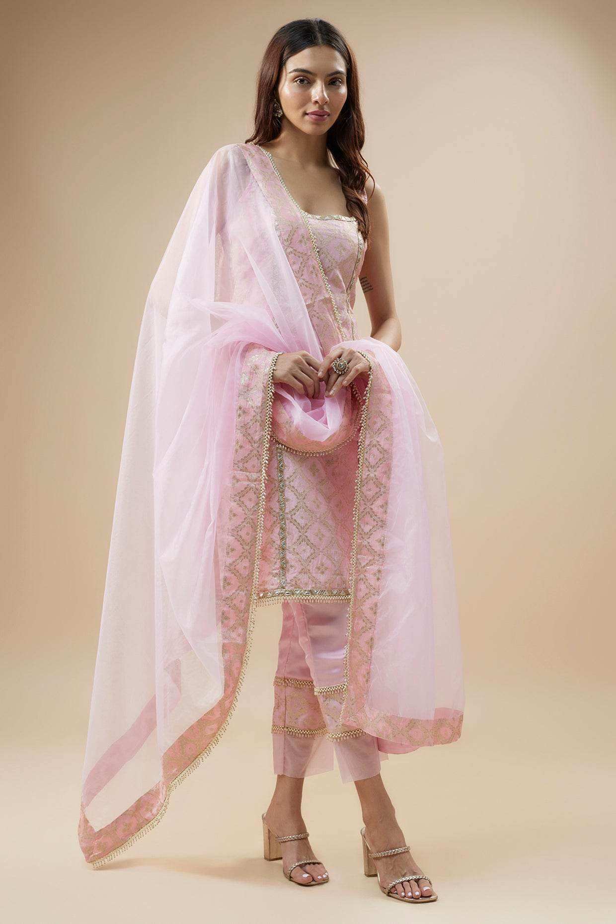 KALA Sleeveless Brocade Kurta Set-Blush Pink