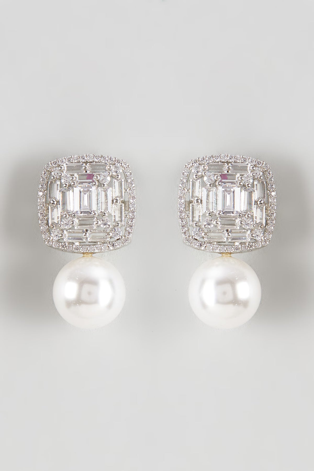 White Finish Zircon & Shell Pearl Dangler Earrings