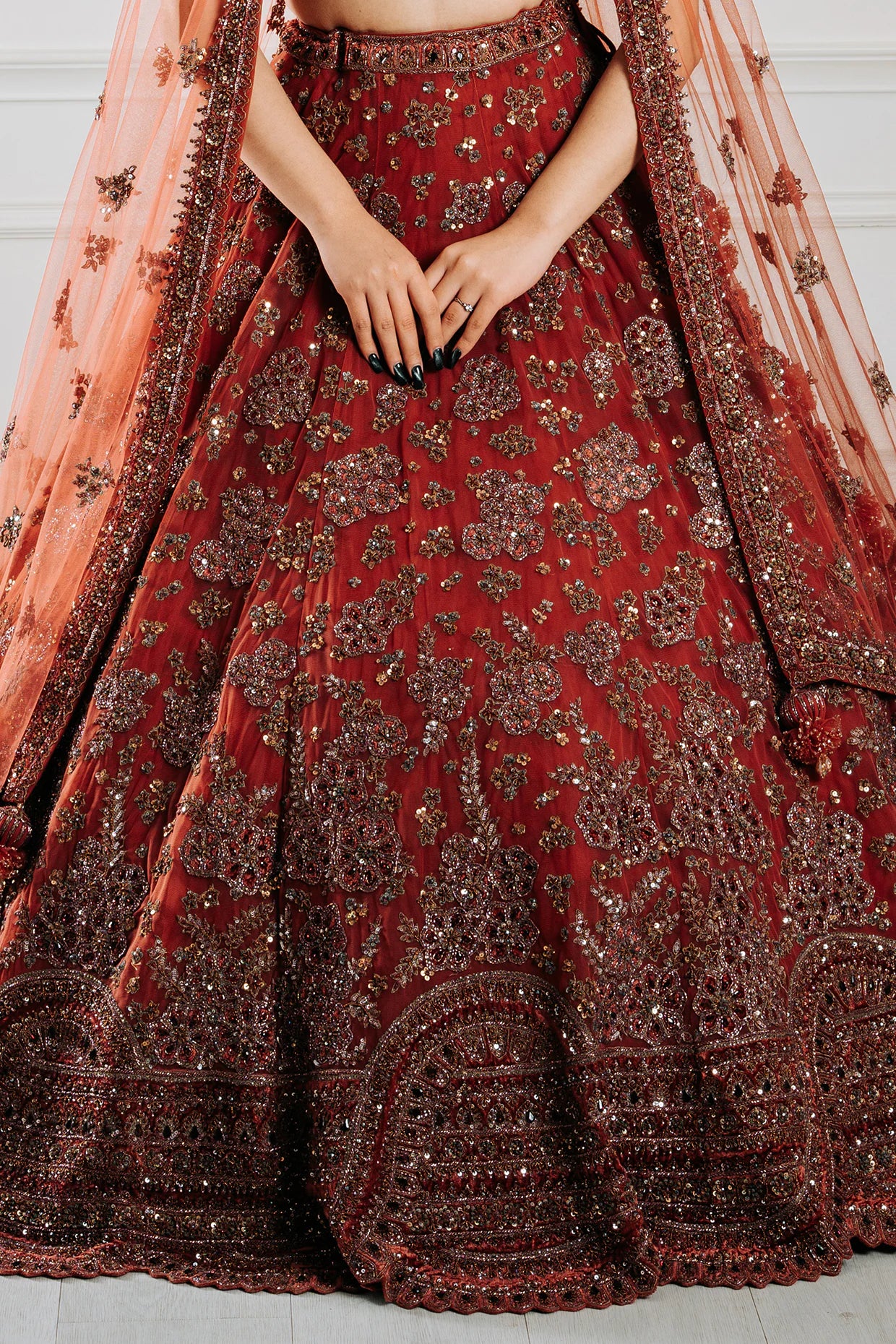 Copper Rose Velvet Dori & Sequins Embroidered Lehenga Set