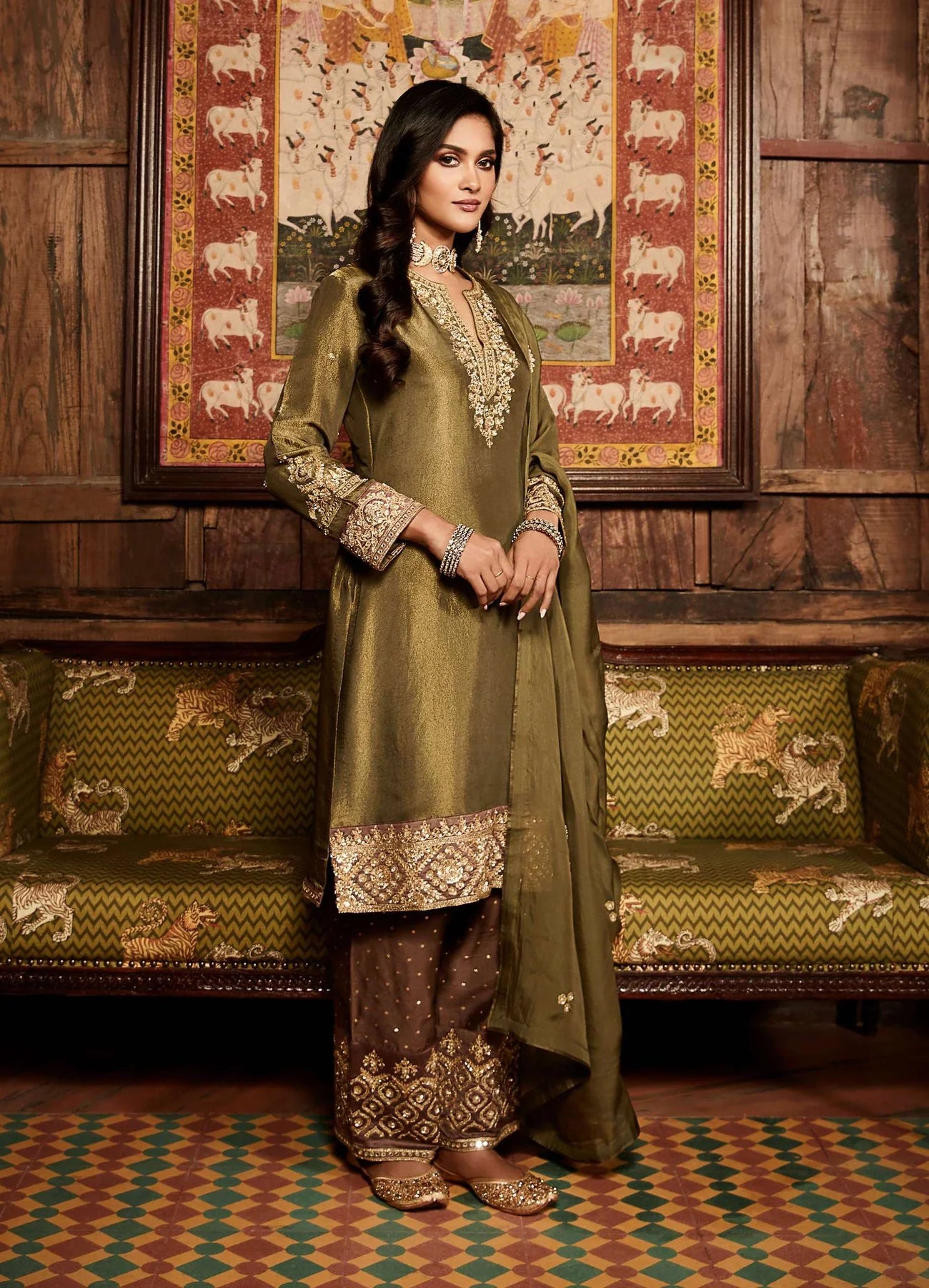 Green Olive Embroidered Kurta Set