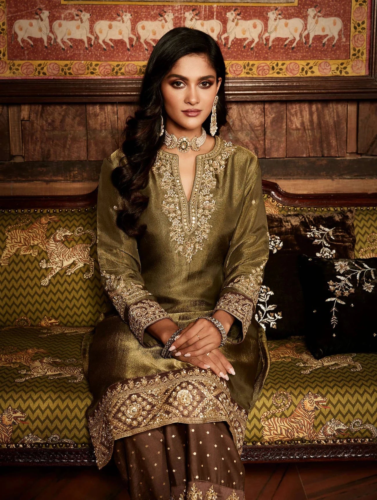 Green Olive Embroidered Kurta Set