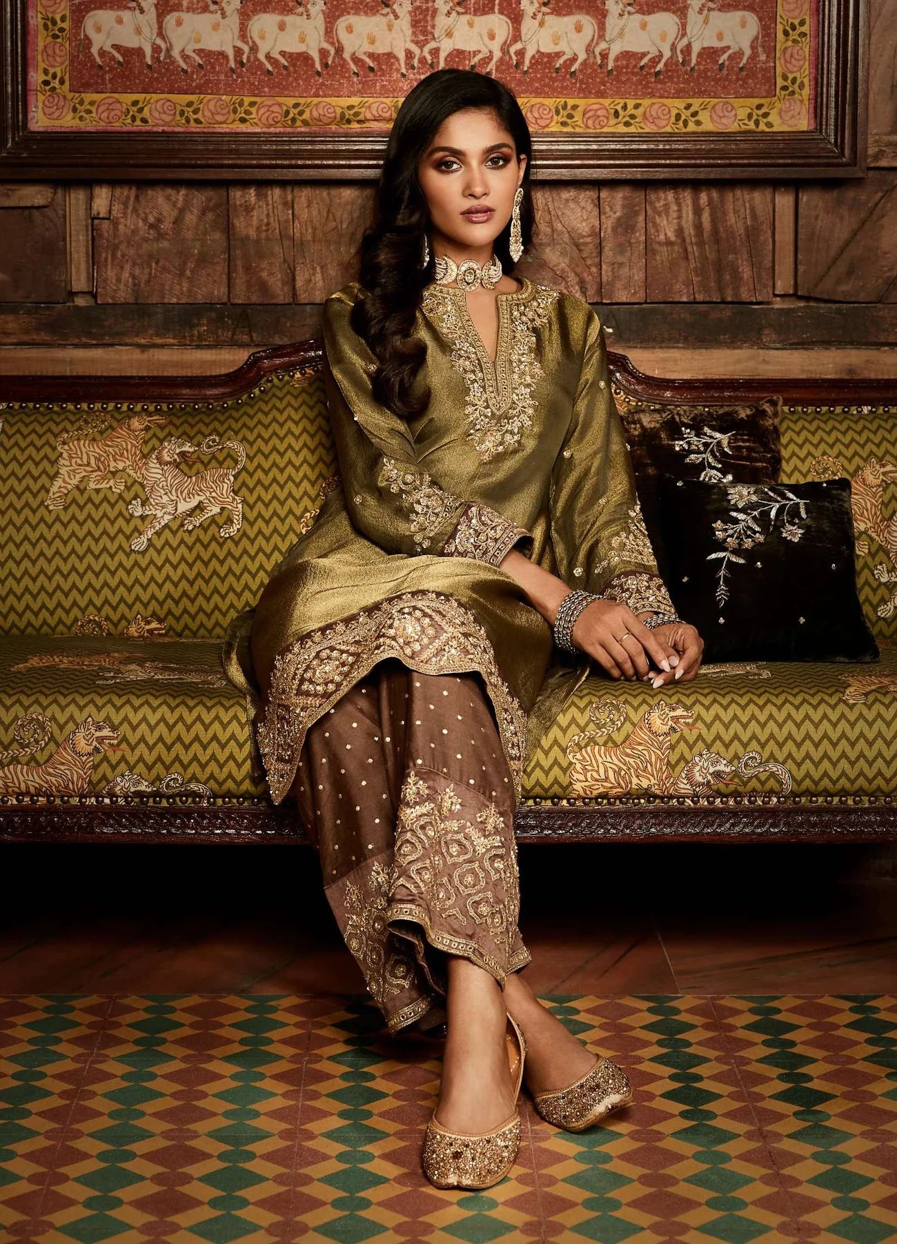 Green Olive Embroidered Kurta Set