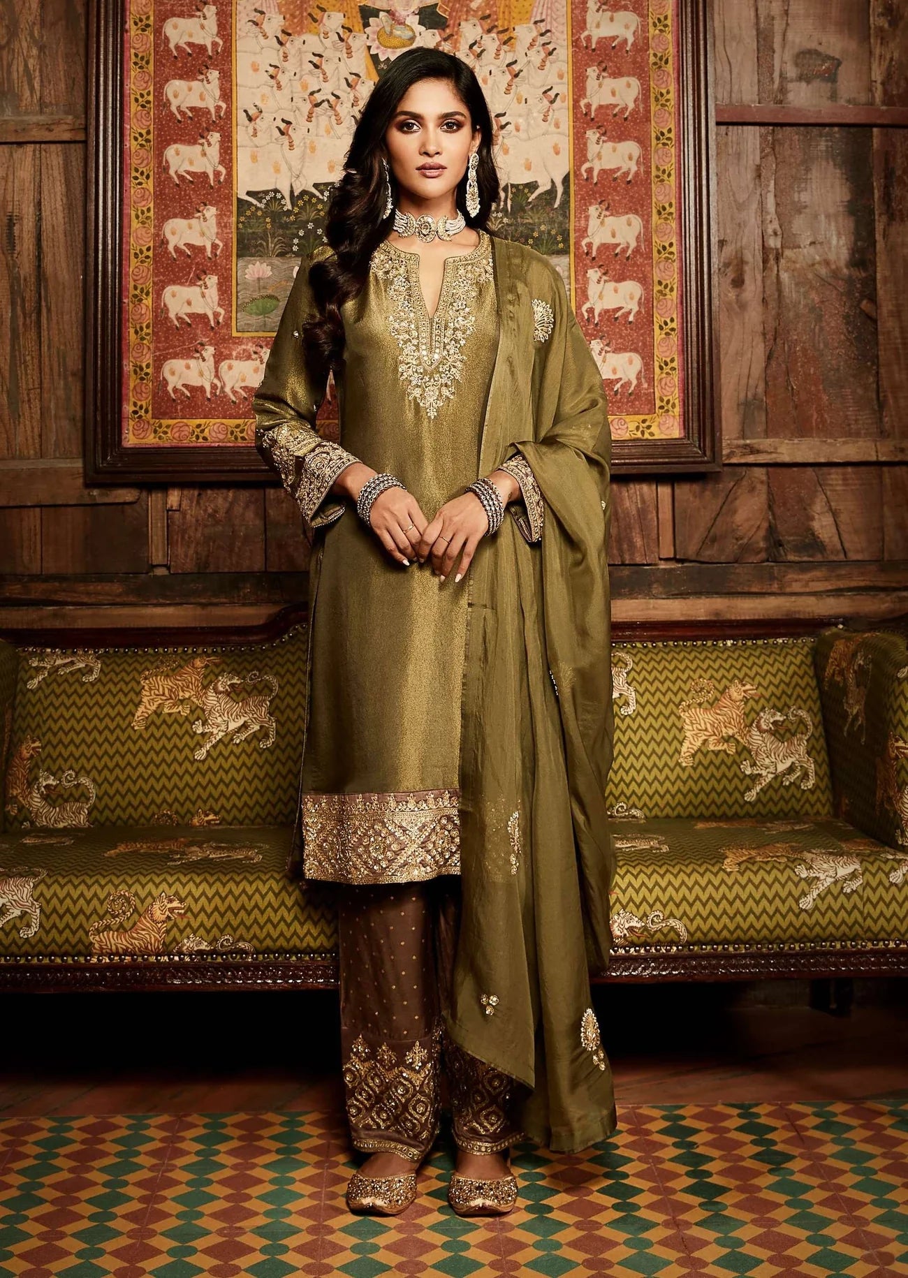 Green Olive Embroidered Kurta Set