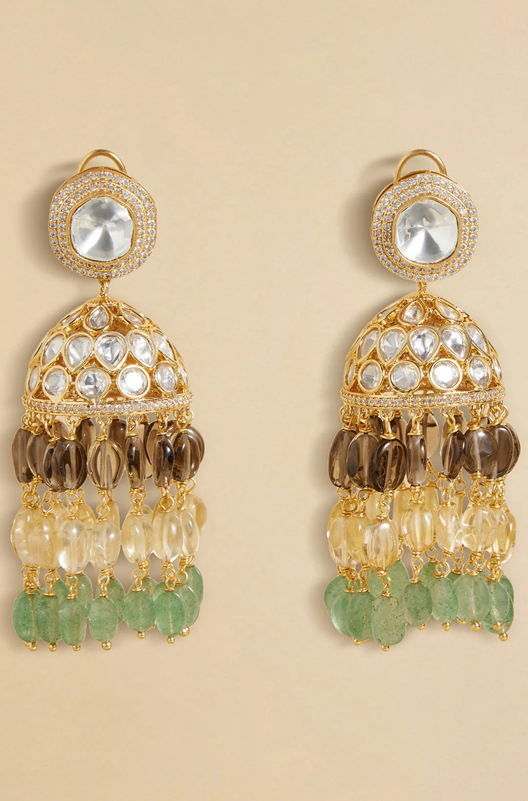 Polki Jhumka Earrings With Jade Tumbles
