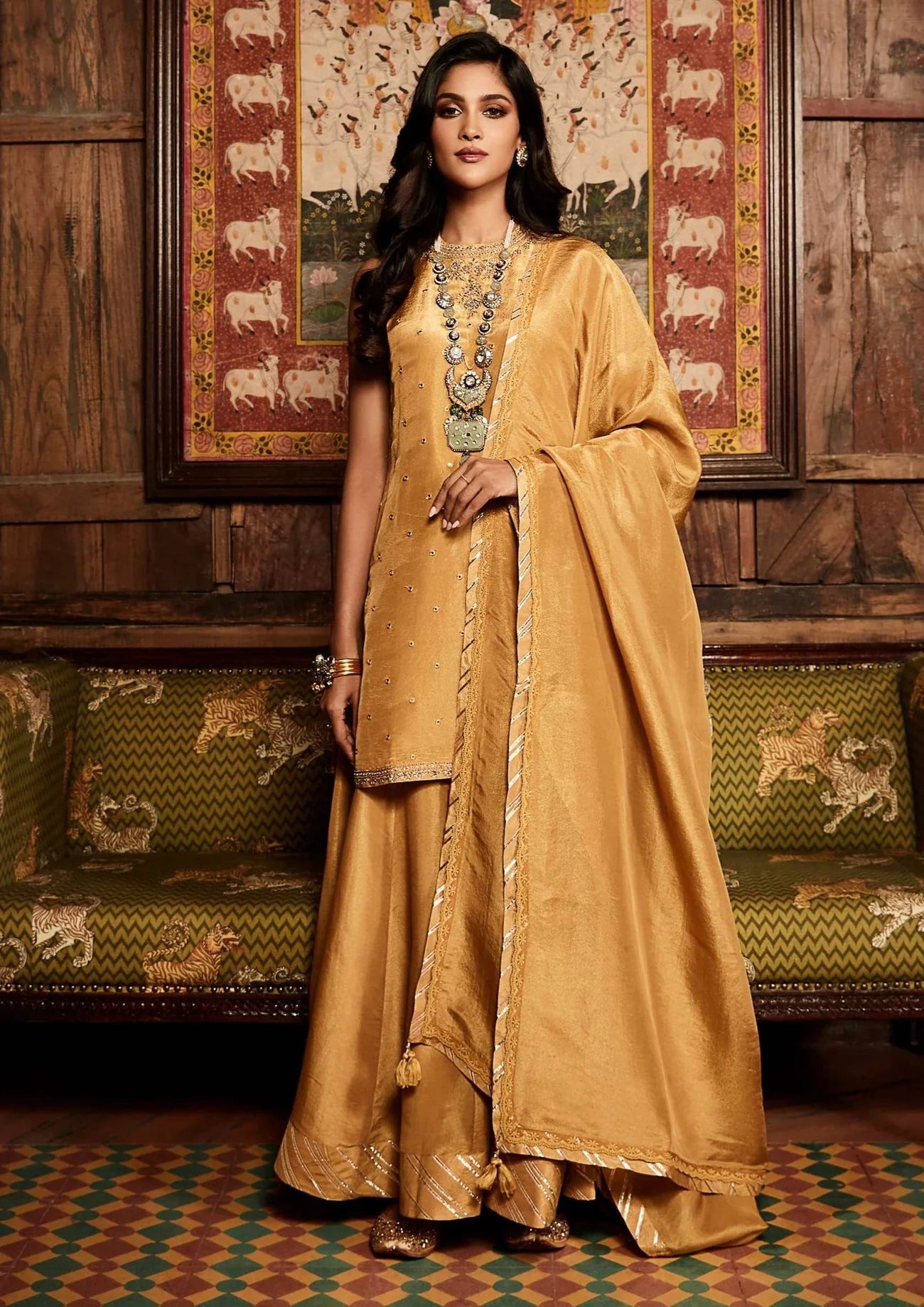 Mustard Mirror Embroidered Sharara Set