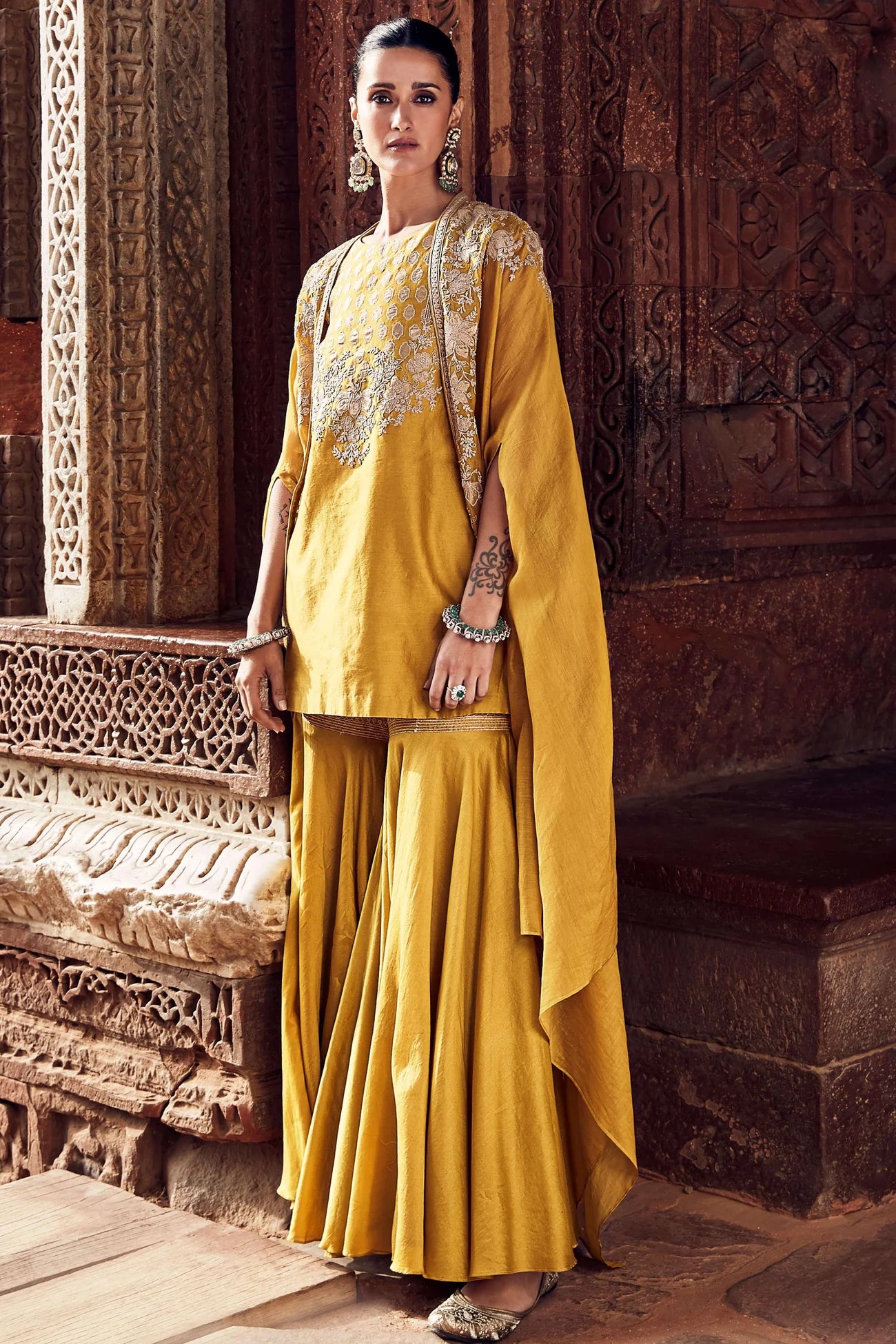 Sona Patti Turmeric Cape and Kurta Set