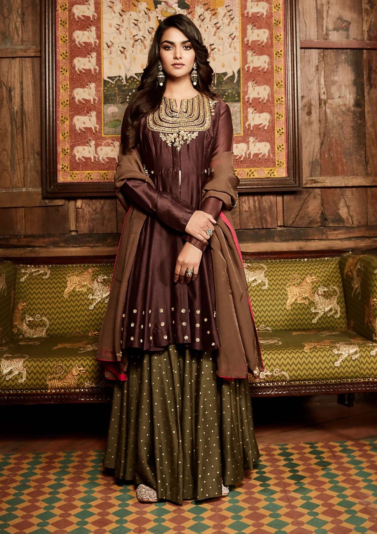 Plum Nawabi Short Anarkali Sharara Set