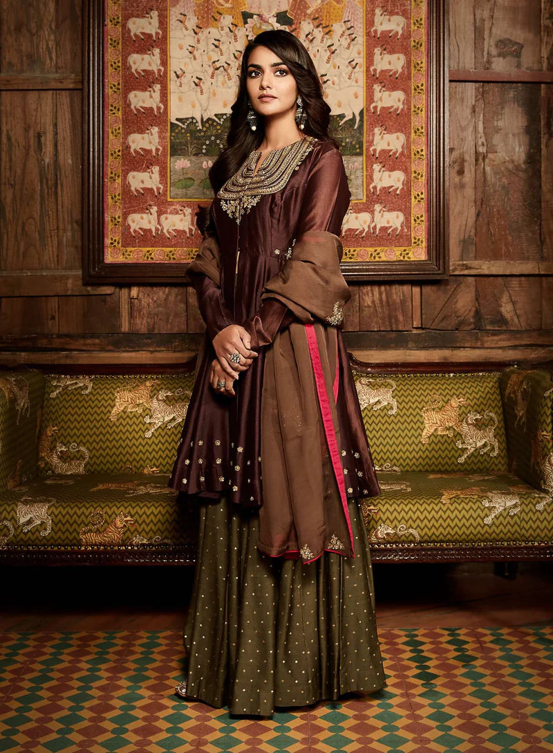 Plum Nawabi Short Anarkali Sharara Set