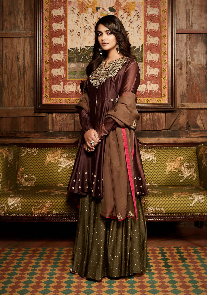 Plum Nawabi Short Anarkali Sharara Set