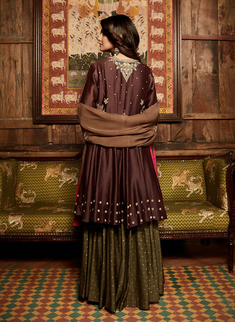 Plum Nawabi Short Anarkali Sharara Set