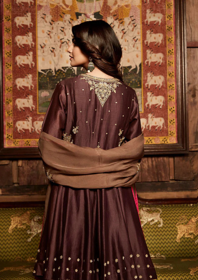 Plum Nawabi Short Anarkali Sharara Set