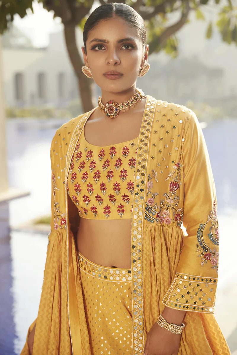Haldi Yellow Venetian Tripitaka Lehenga Set