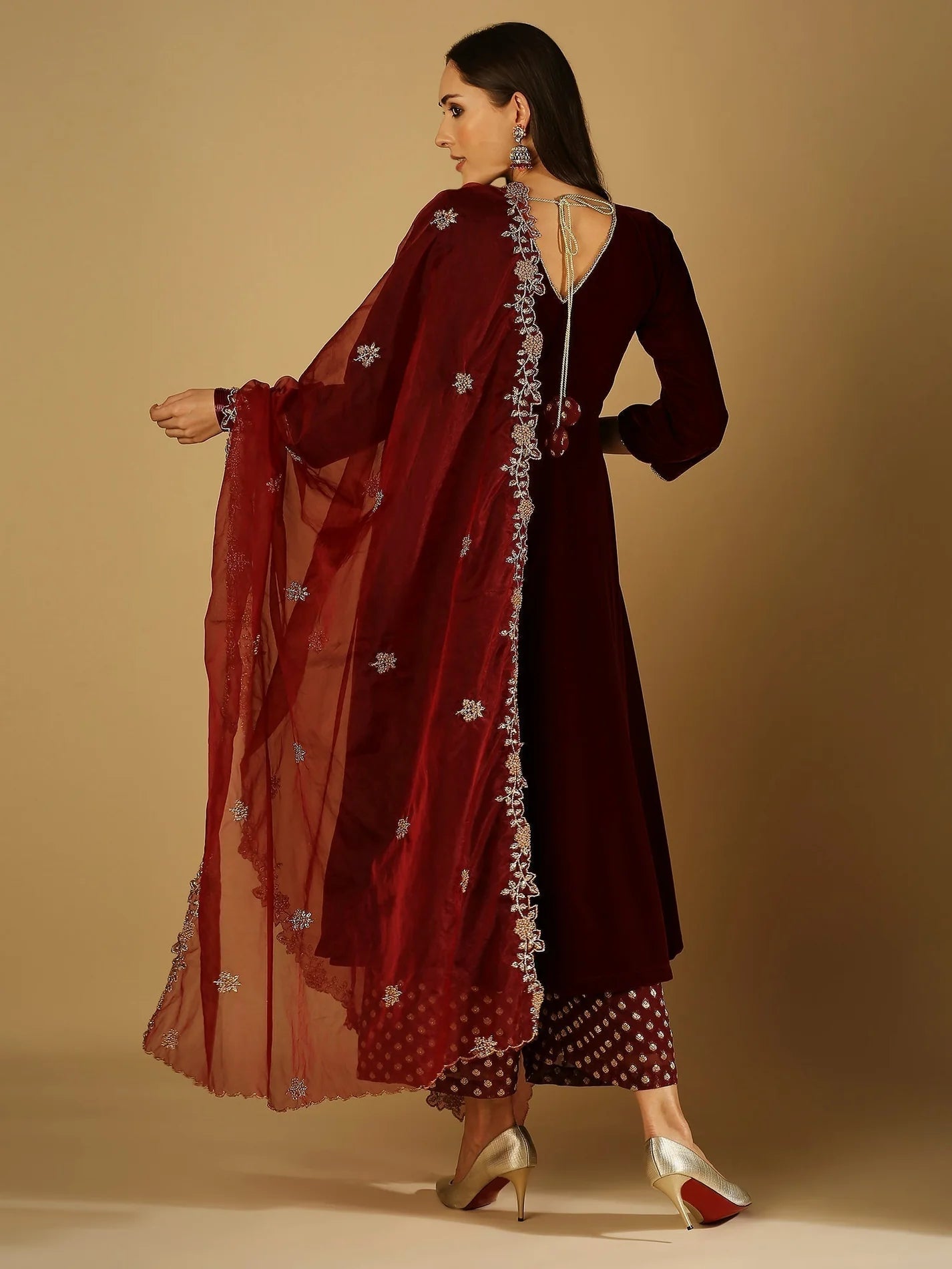 Maroon Velvet `Kurta with Palazzo and Dupatta