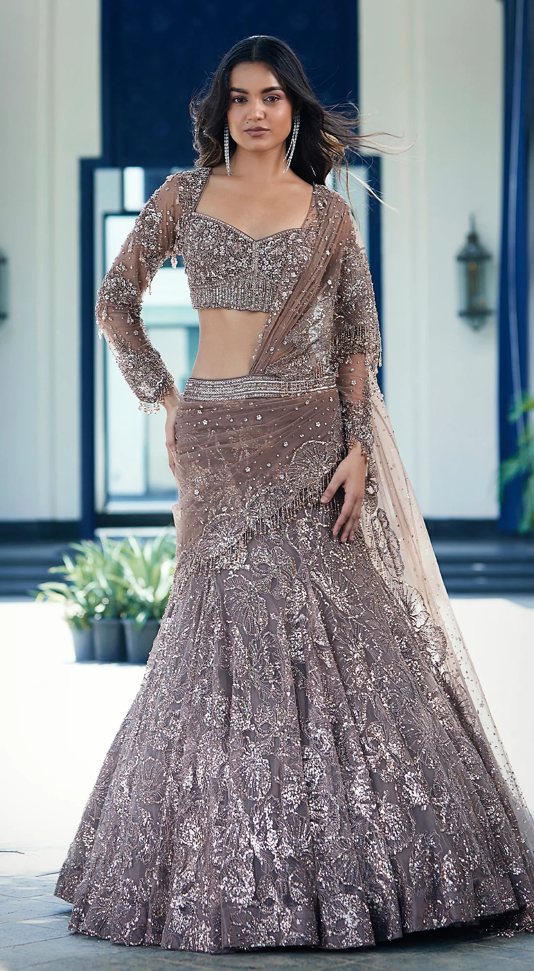 Rose Gold Net Embroidered Lehenga Set