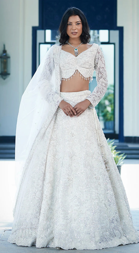 WHITE ORGANZA EMBROIDERED LEHENGA SET