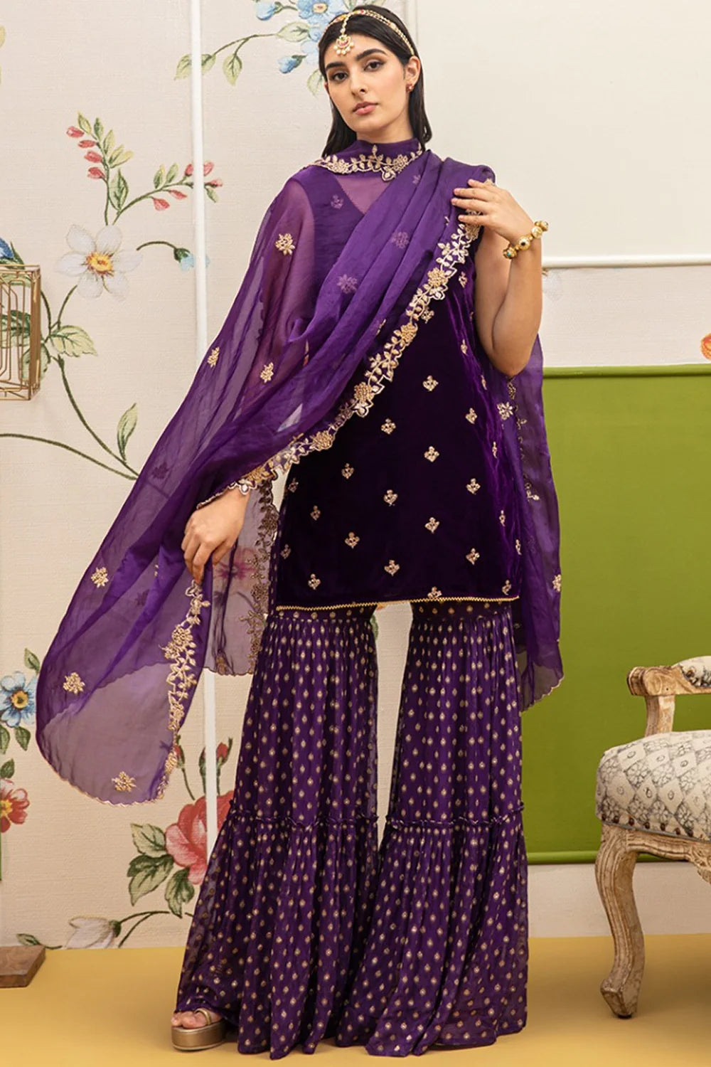 Purple Velvet kurta & sharara with dupatta