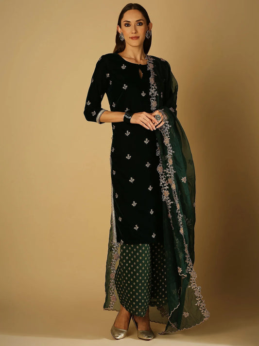 Green Velvet Palazzo Set with dupatta