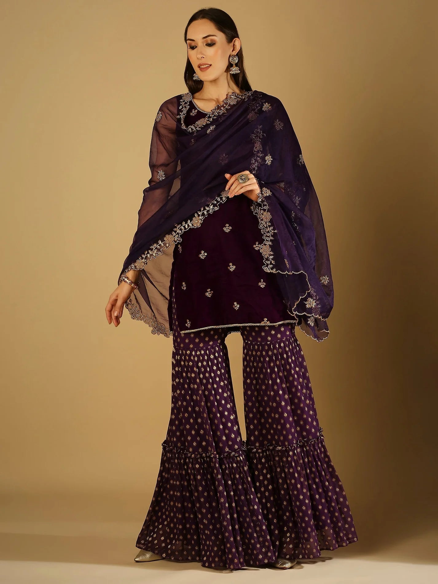 Purple Velvet kurta & sharara with dupatta