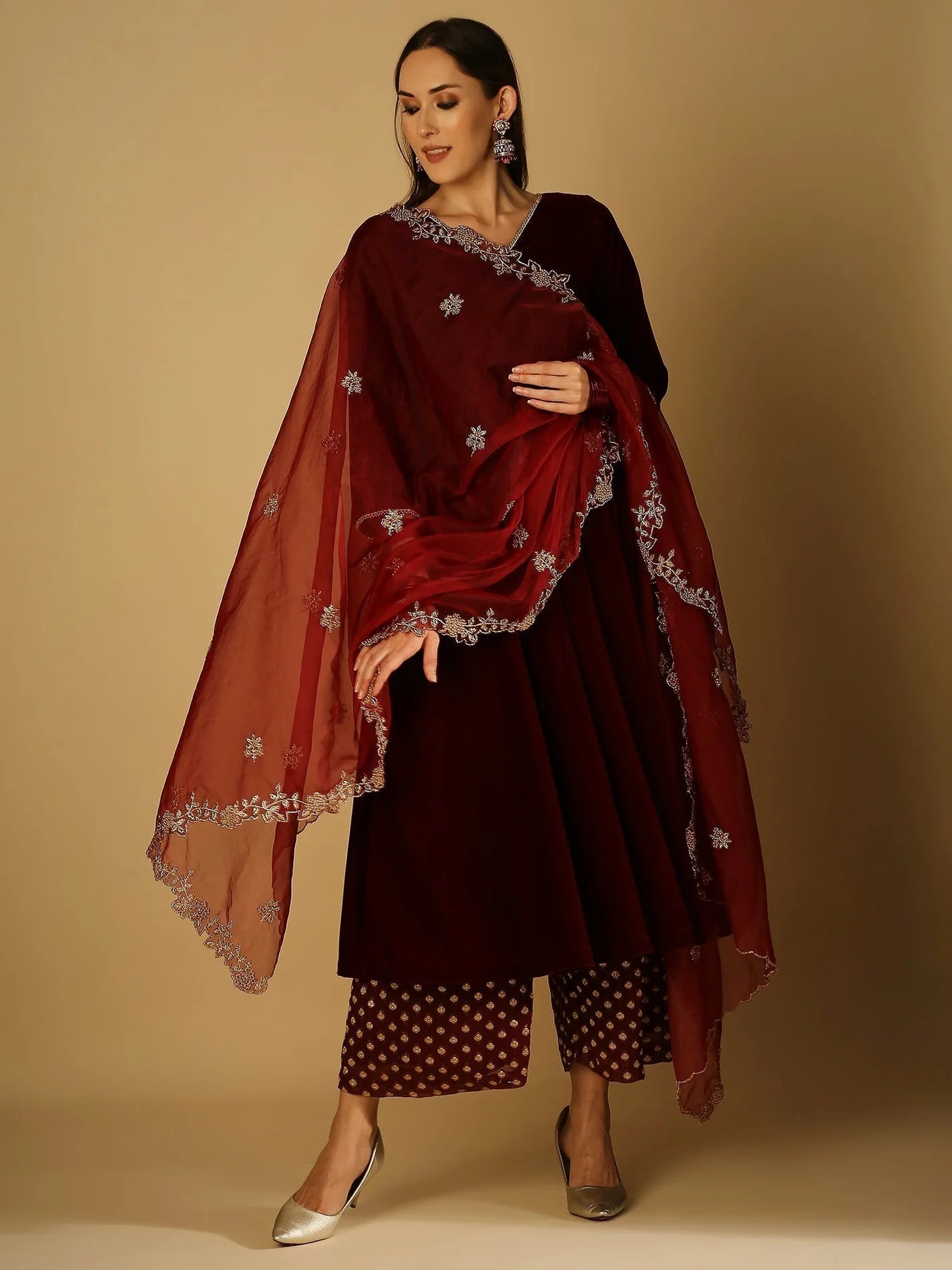 Maroon Velvet `Kurta with Palazzo and Dupatta