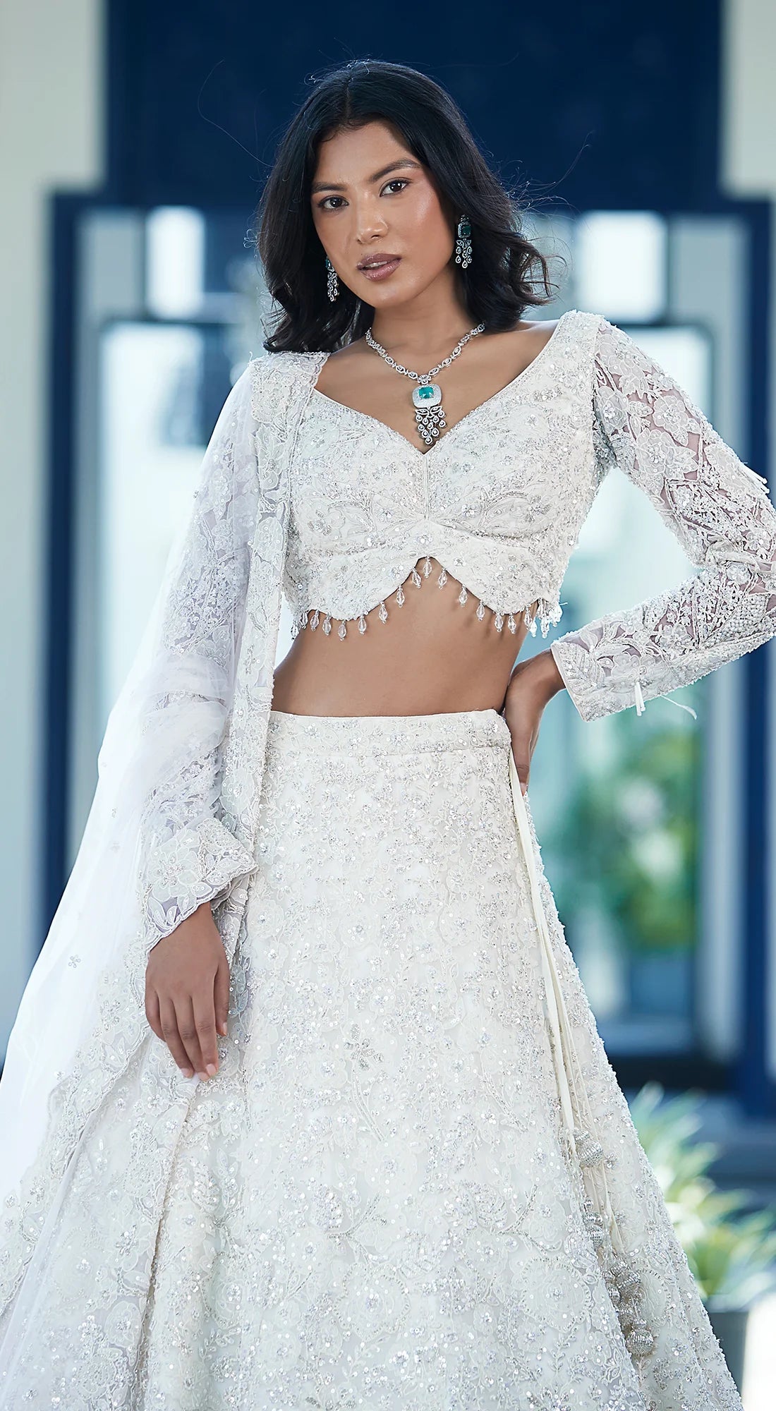 WHITE ORGANZA EMBROIDERED LEHENGA SET