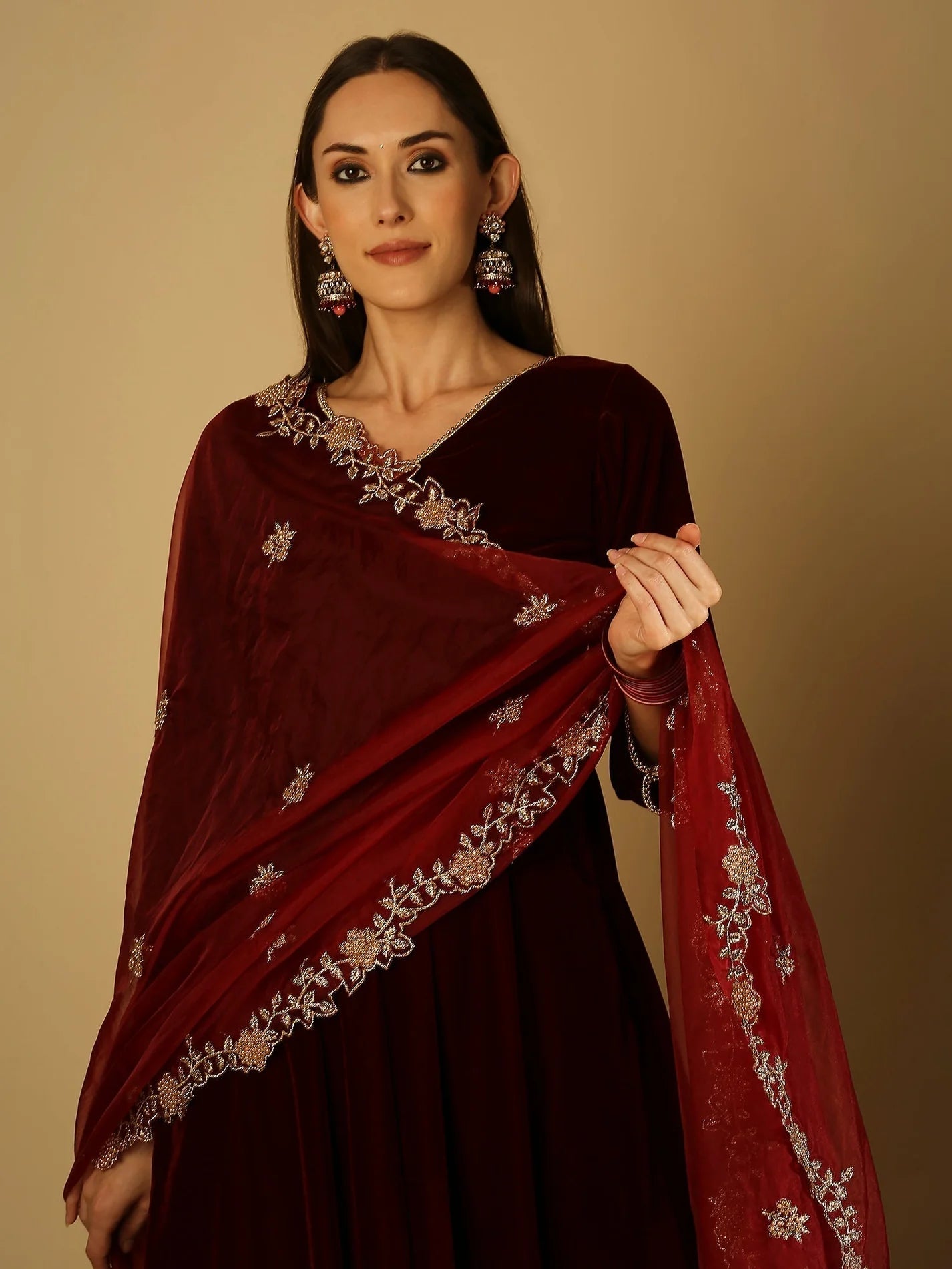 Maroon Velvet `Kurta with Palazzo and Dupatta