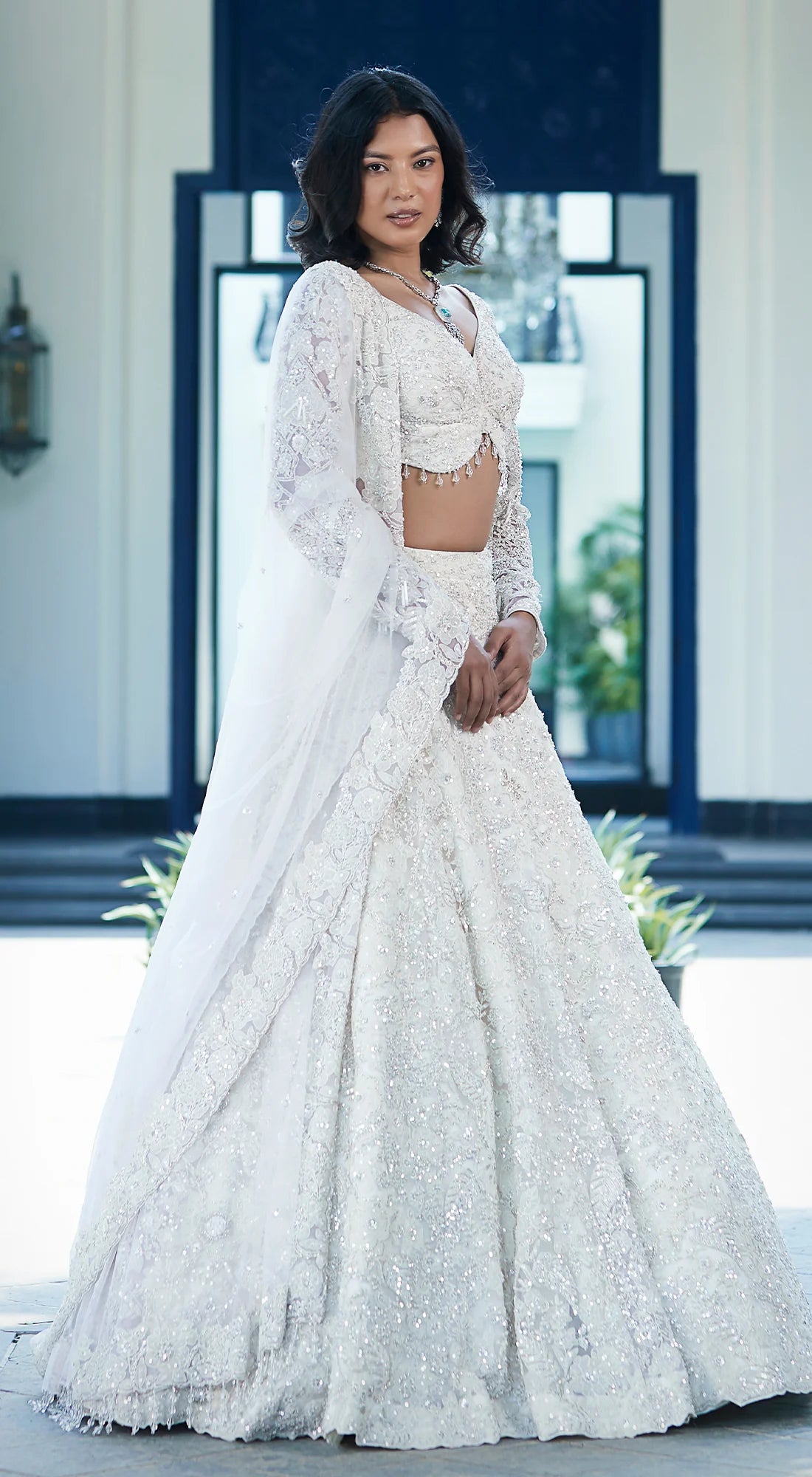 WHITE ORGANZA EMBROIDERED LEHENGA SET