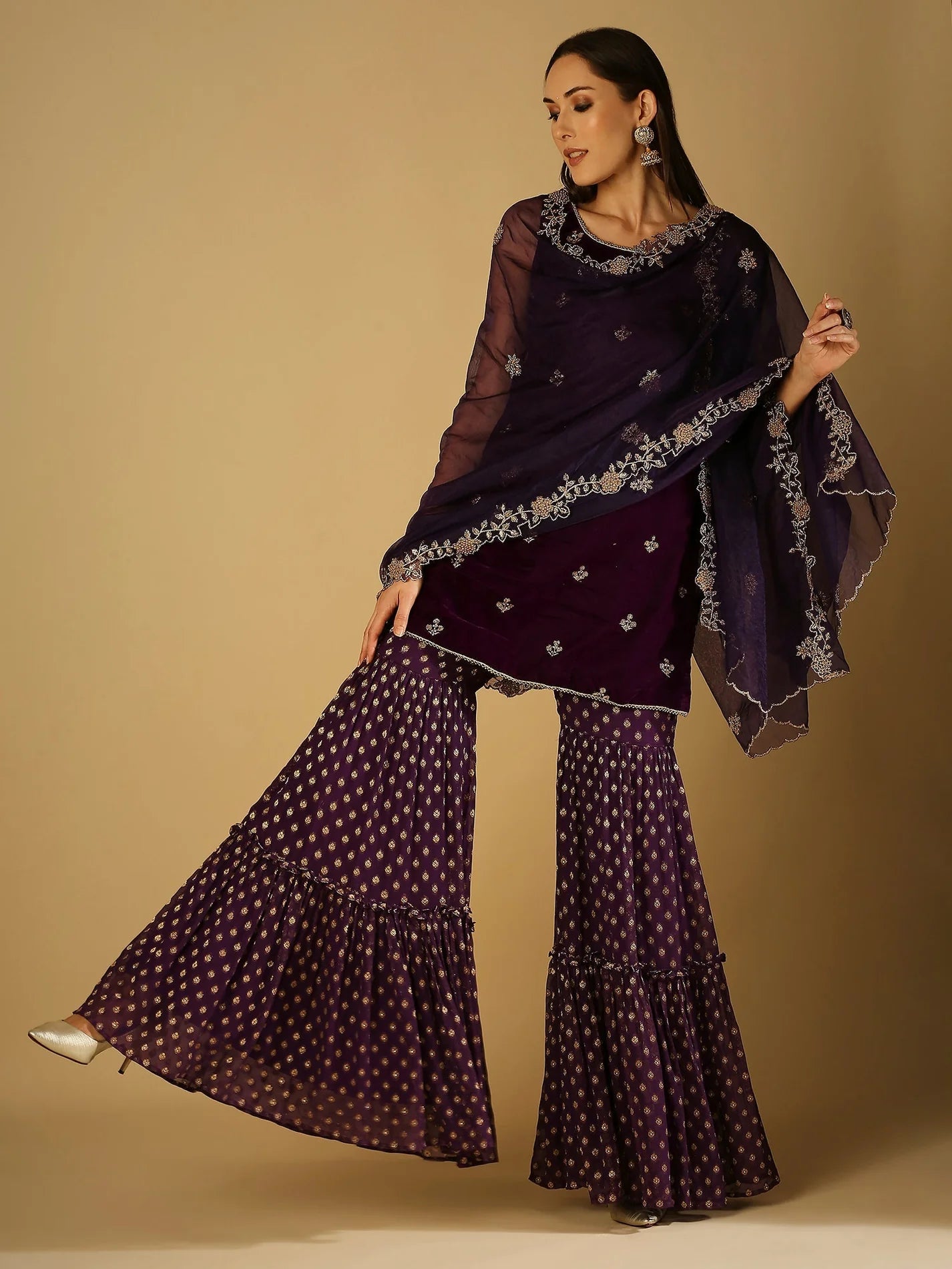 Purple Velvet kurta & sharara with dupatta