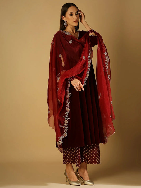 Maroon Velvet `Kurta with Palazzo and Dupatta