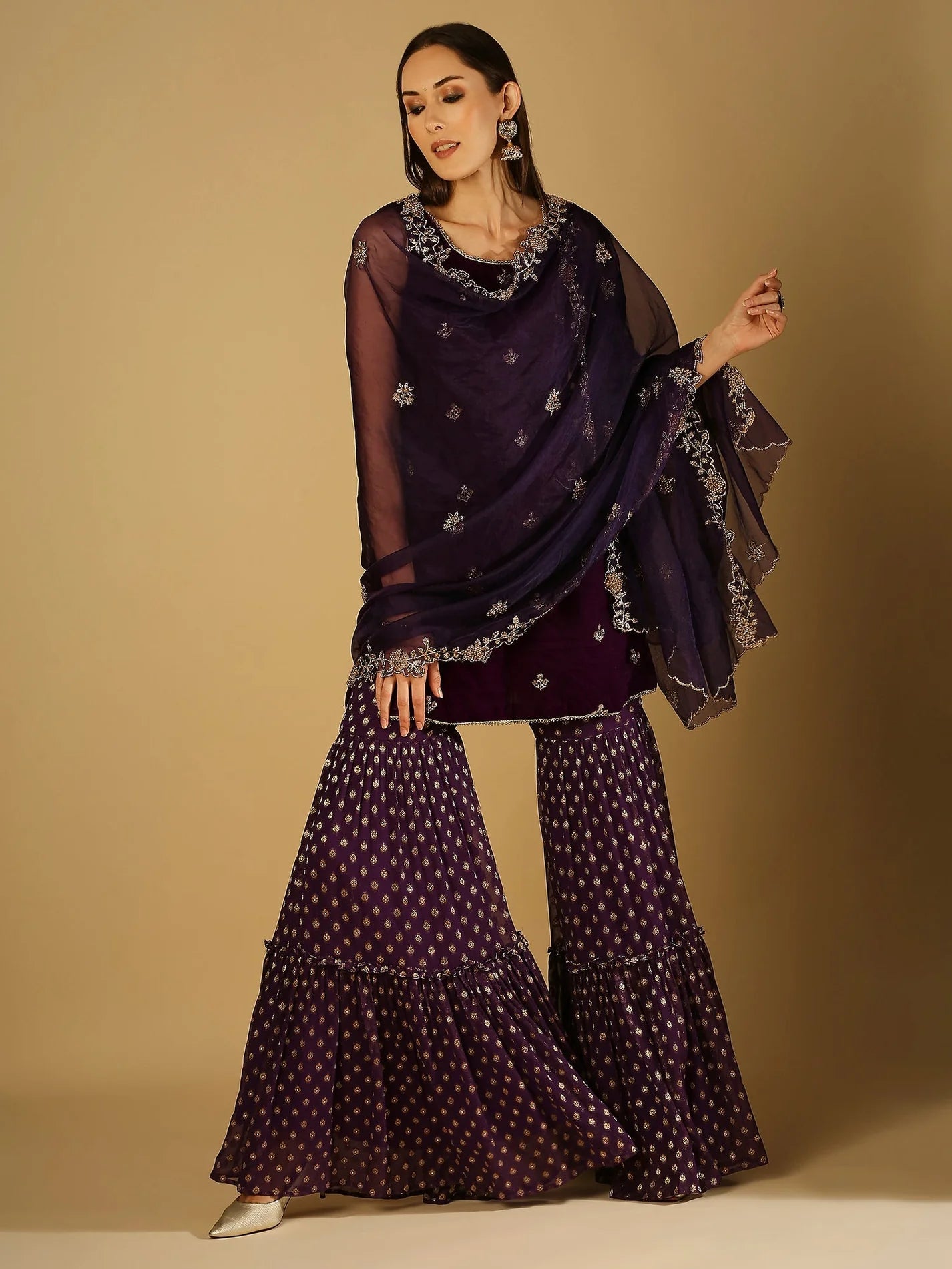 Purple Velvet kurta & sharara with dupatta