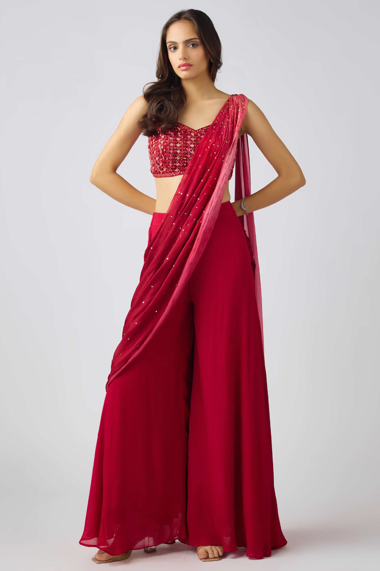 Red Chinon Sequins Embroidered Sharara Saree Set