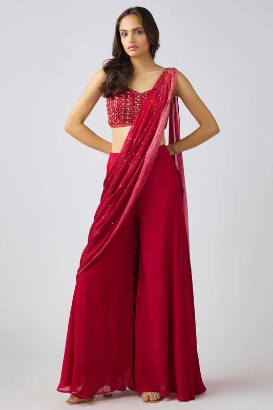 Red Chinon Sequins Embroidered Sharara Saree Set