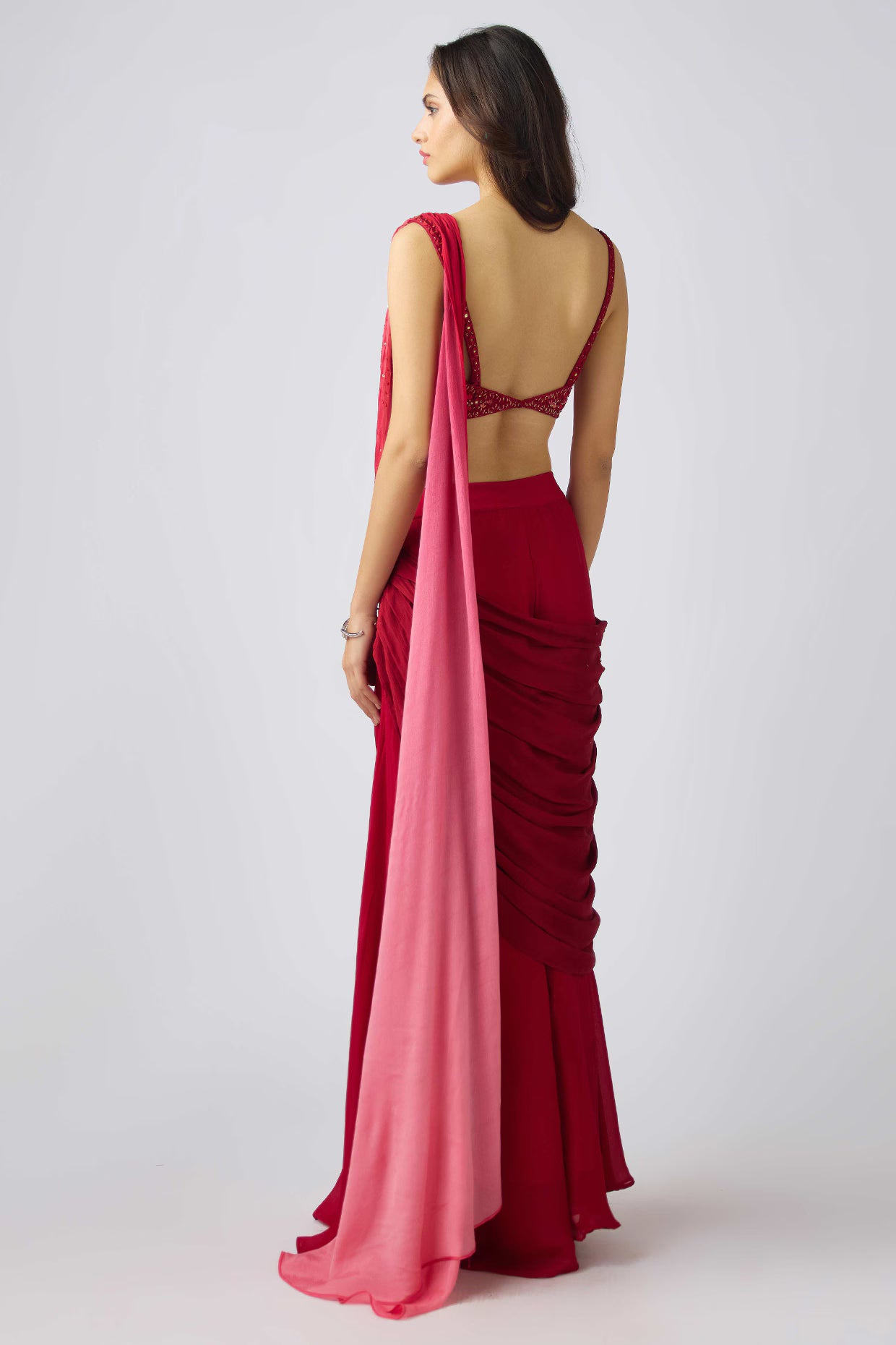Red Chinon Sequins Embroidered Sharara Saree Set