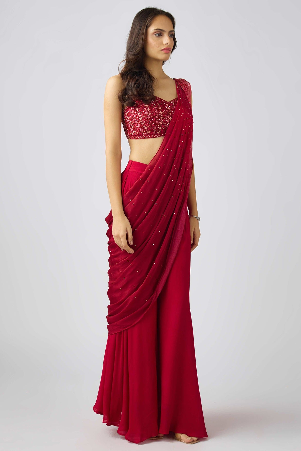 Red Chinon Sequins Embroidered Sharara Saree Set