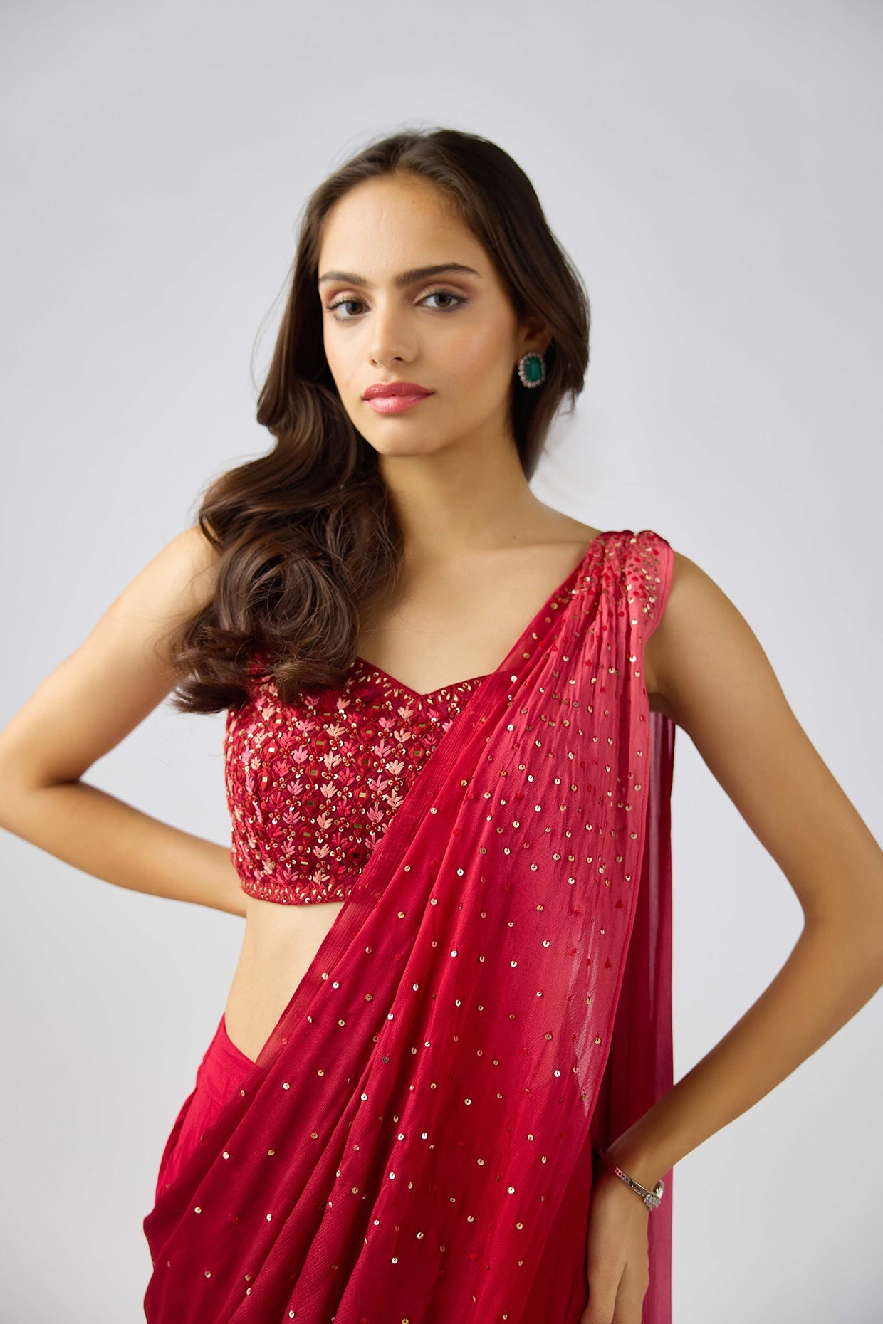 Red Chinon Sequins Embroidered Sharara Saree Set