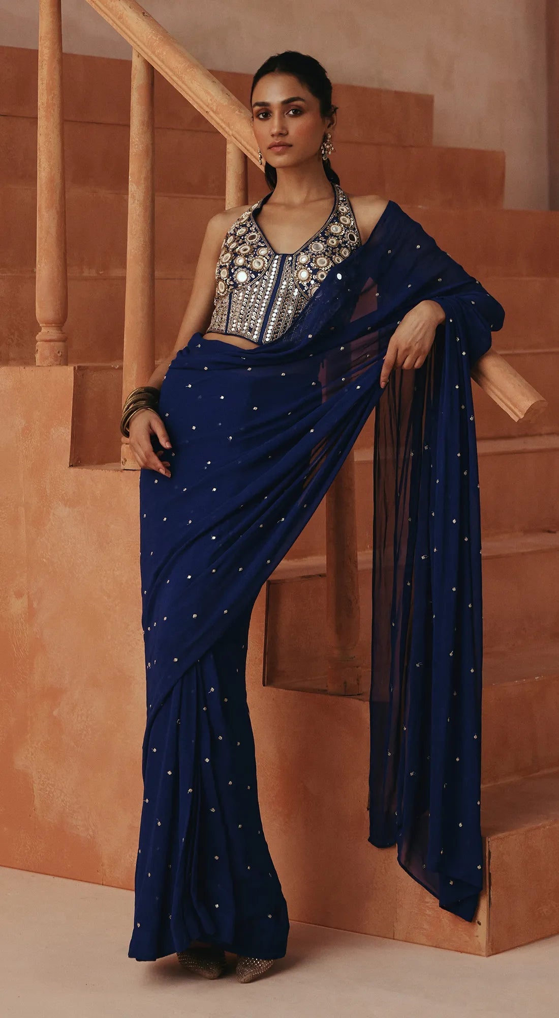 COBALT ELISE EMBROIDERED DRAPED SAREE