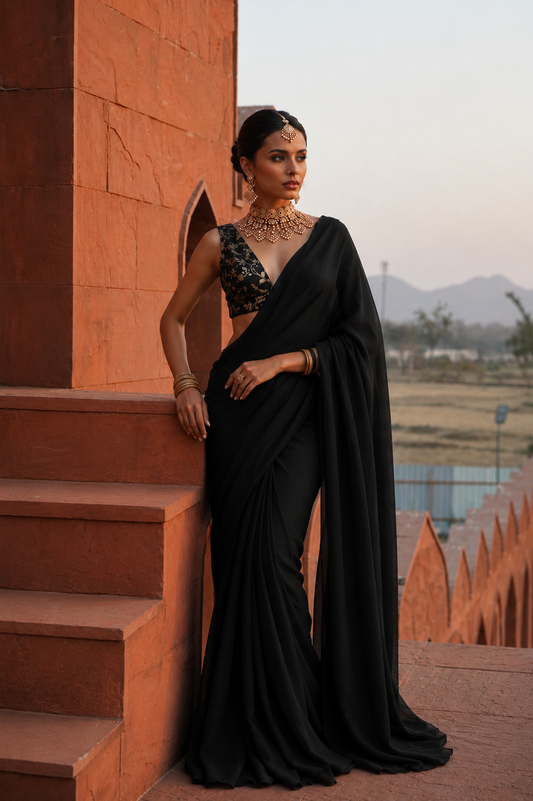 Saree noir pré-drapé