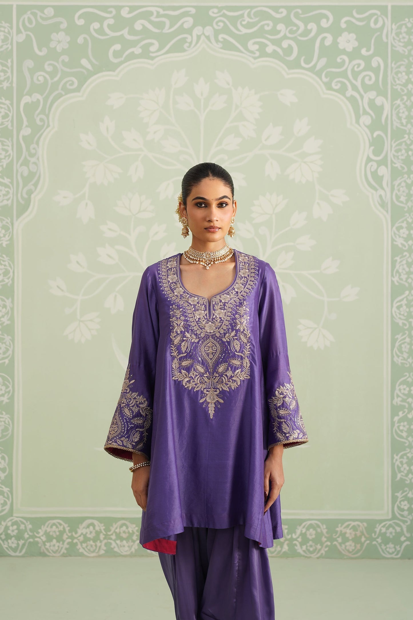 Purple Chanderi Satin Embroidered Matching Set