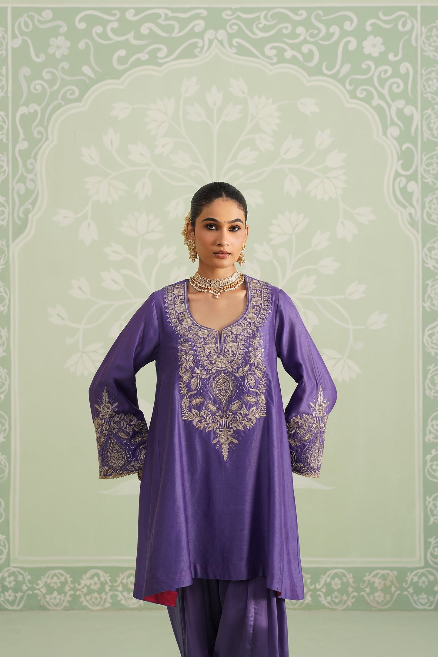 Purple Chanderi Satin Embroidered Matching Set